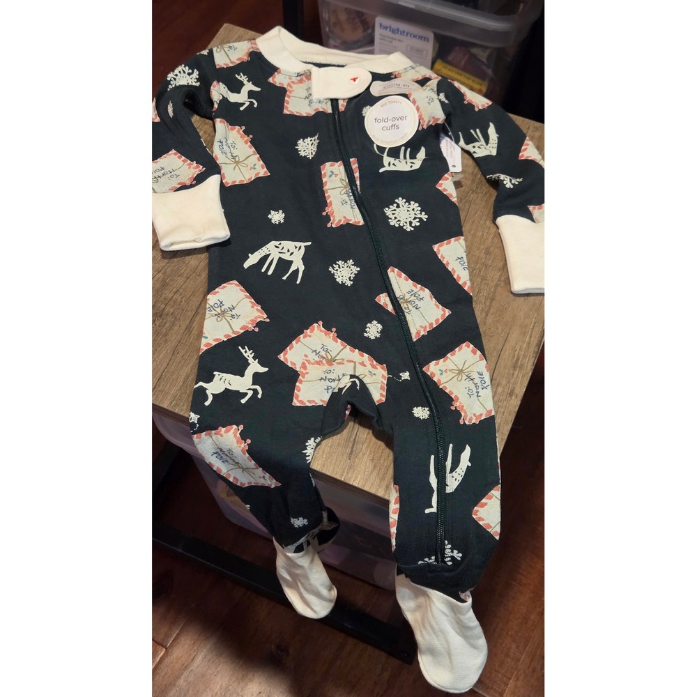 Burt's Bees Baby Holiday Organic Cotton Sleeper Zucchini Reindeer 0-3M LY30003